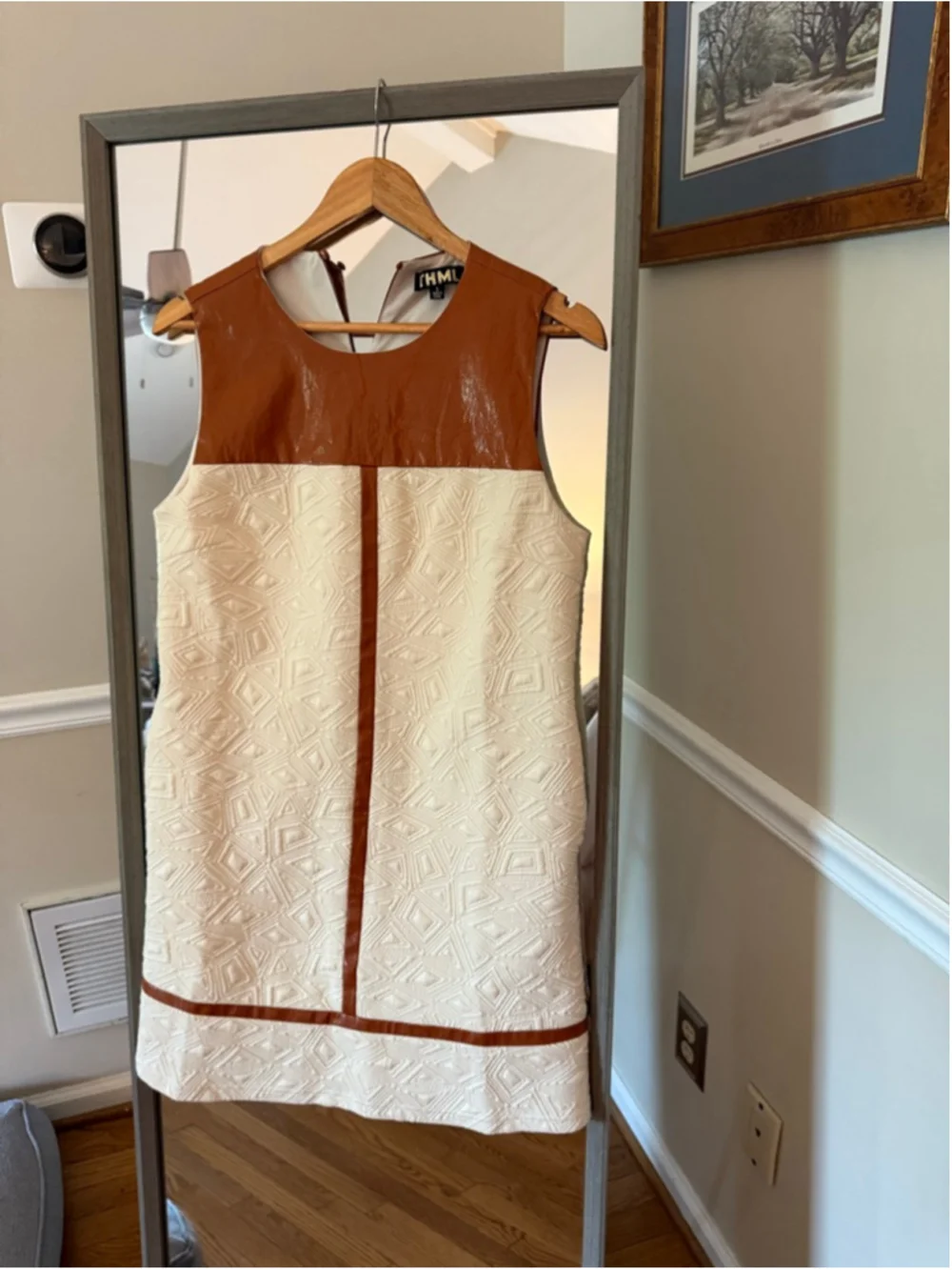 Women's THML White & Brown Sleeveless Dress S MIXED MEDIA TEXTURED MIDI-CREAM - Picture 3 of 7